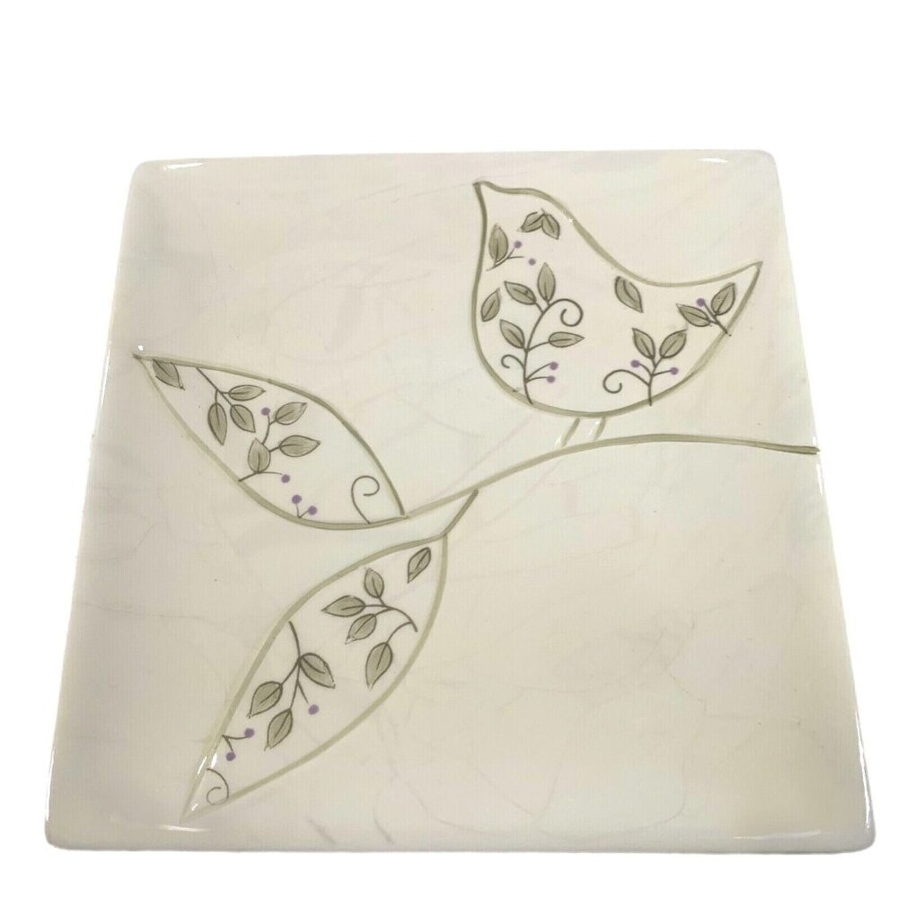 Set of 2 Clay Art Woodland Bird Hand Painted Canape Appetizer Plates 6 1/2"